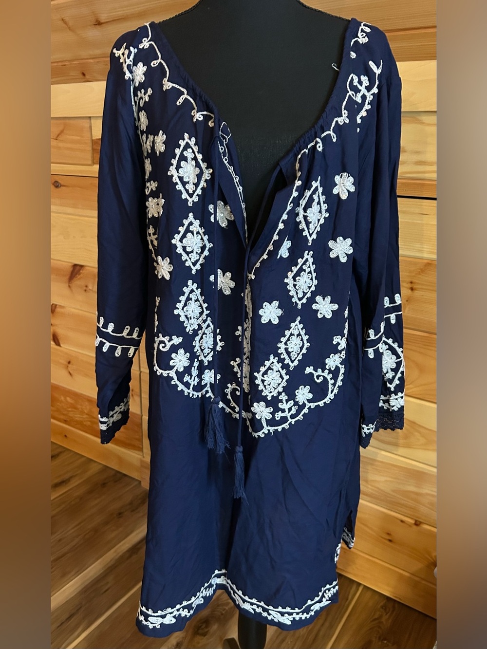 Venus Navy Embroidered Boho Bathing Suit Coverup with White Floral Detail